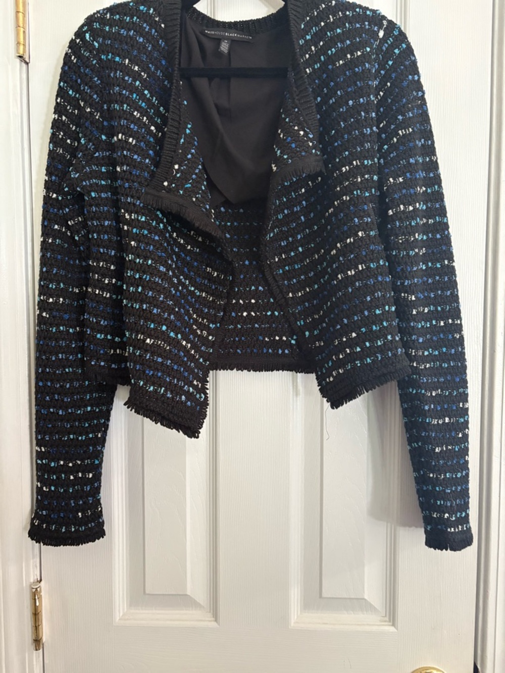 White House Black Market Black Tweed Cropped Blazer with Blue Highlights